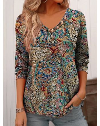 Casual Paisley V Neck Jersey T-Shirt