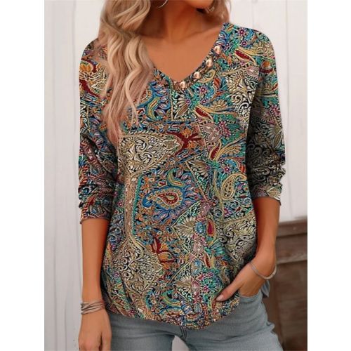 Casual Paisley V Neck Jersey T-Shirt